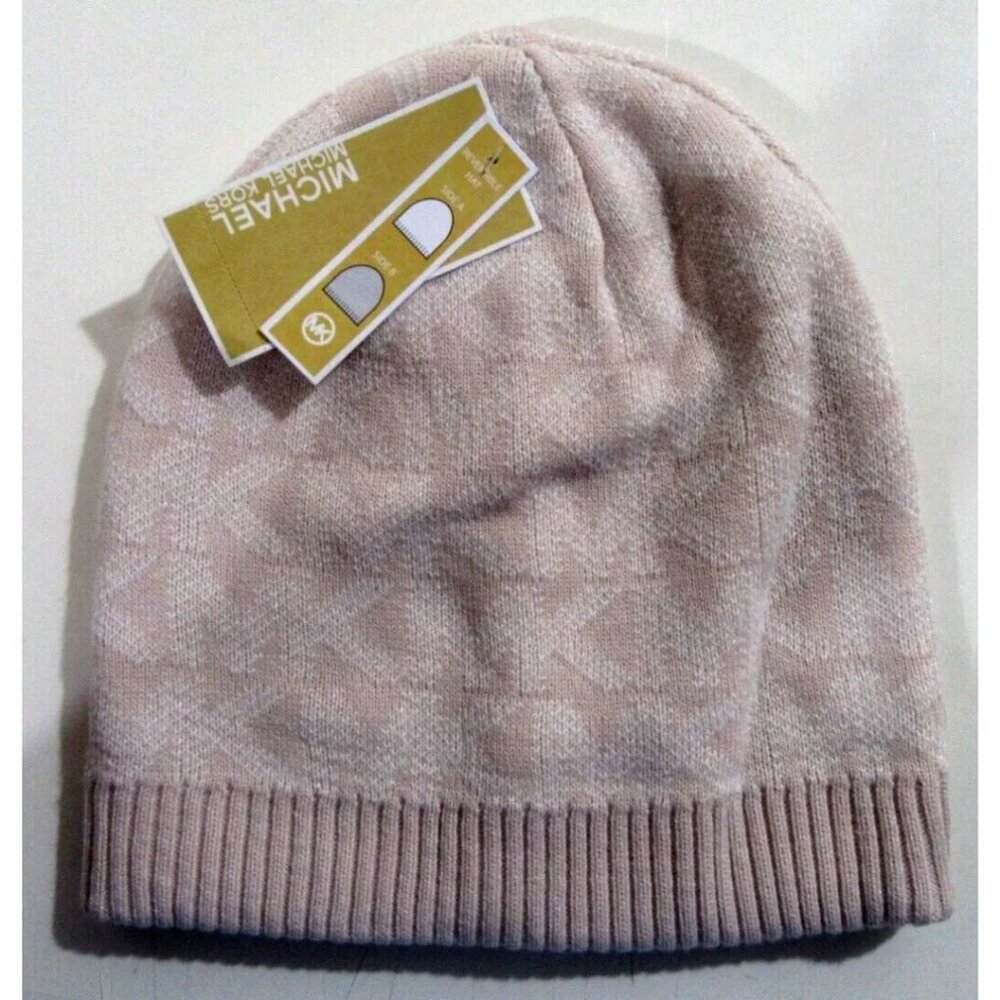 Michael Kors Cable Knit Beanie Hat Pink Signature Logo Double Sided NWT NEW